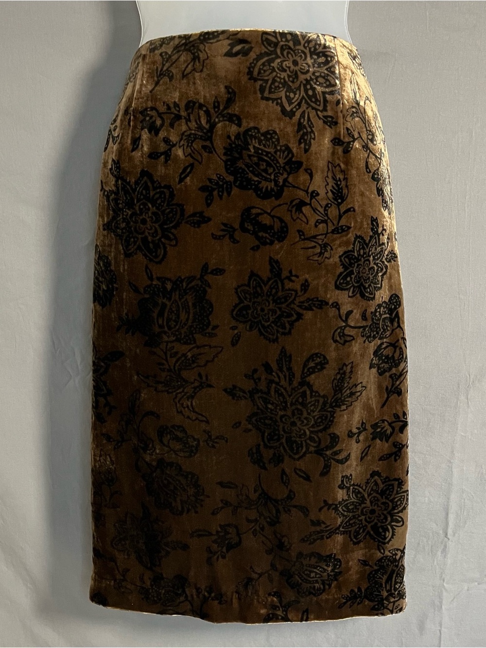 VTG Spiegel Velvet Devore Midi Skirt Brown Gold Blk Brocade Floral Sz 12